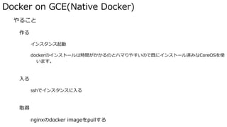Docker on GCE(Native Docker)
� やること
作る
インスタンス起動
dockerのインストールは時間がかかるのとハマりやすいので既にインストール済みなCoreOSを使
います。
入る
sshでインスタンスに入る
取得
nginxのdocker imageをpullする
 