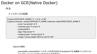 Docker on GCE(Native Docker)
� 作る
インスタンスの起動
CoreOSのCompute Engineインスタンスを作成
Optionの意味
preemptible: preemptibleインスタンスを作る(24hでshutdownする 低価格インスタンス)
$ export INSTANCE_NAME="インスタンス名"
$ gcloud compute --project $PROJECT_NAME instances create $INSTANCE_NAME ¥
--zone "us-central1-a" ¥
--machine-type "f1-micro" ¥
--preemptible ¥
--tags "http-server" ¥
--image-project "coreos-cloud" ¥
--image "coreos-stable-766-5-0-v20151105"
 