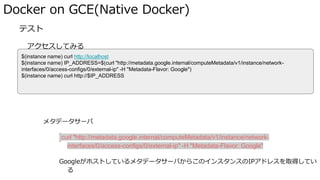 Docker on GCE(Native Docker)
� テスト
アクセスしてみる
メタデータサーバ
curl "http://metadata.google.internal/computeMetadata/v1/instance/network-
interfaces/0/access-configs/0/external-ip" -H "Metadata-Flavor: Google"
GoogleがホストしているメタデータサーバからこのインスタンスのIPアドレスを取得してい
る
$(instance name) curl http://localhost
$(instance name) IP_ADDRESS=$(curl "http://metadata.google.internal/computeMetadata/v1/instance/network-
interfaces/0/access-configs/0/external-ip" -H "Metadata-Flavor: Google")
$(instance name) curl http://$IP_ADDRESS
 