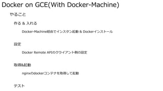 Docker on GCE(With Docker-Machine)
� やること
作る & 入れる
Docker-Machine経由でインスタン起動 & Dockerインストール
設定
Docker Remote APIのクライアント側の設定
取得&起動
nginxのdockerコンテナを取得して起動
テスト
 