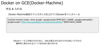 Docker on GCE(Docker-Machine)
� 作る & 入れる
Docker-Machine経由でインスタンスを上げつつDockerをインストール
OAuthトークンを発行するために、URLが表示されるのでそのURLへアクセス
最終的に表示されるコードをShellに貼り付ける
$ docker-machine create --driver google --google-project $PROJECT_NAME --google-preemptible --
google-scopes "https://www.googleapis.com/auth/cloud-platform" $INSTANCE_NAME
 