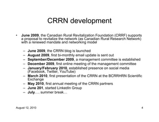 CRRN development
•   June 2009, the Canadian Rural Revitalization Foundation (CRRF) supports
    a proposal to revitalize the network (as Canadian Rural Research Network)
    with a renewed mandate and networking model

     –   June 2009, the CRRN blog is launched
     –   August 2009, first bi-monthly email update is sent out
     –   September/December 2009, a management committee is established
     –   December 2009, first online meeting of the management committee
     –   January/February 2010, established presence on social media
         (Facebook, Twitter, YouTube)
     –   March 2010, first presentation of the CRRN at the BCRRHRN Scientific
         Exchange
     –   May 2010, first annual meeting of the CRRN partners
     –   June 201, started LinkedIn Group
     –   July…. summer break…



August 12, 2010                                                             4
 