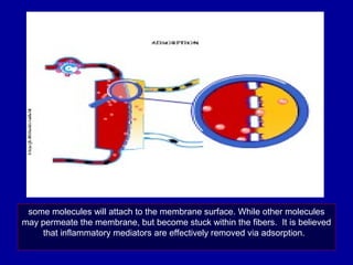 some molecules will attach to the membrane surface. While other molecules
may permeate the membrane, but become stuck within the fibers. It is believed
that inflammatory mediators are effectively removed via adsorption.
 