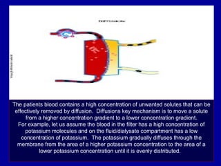 The patients blood contains a high concentration of unwanted solutes that can be
effectively removed by diffusion. Diffusions key mechanism is to move a solute
from a higher concentration gradient to a lower concentration gradient.
For example, let us assume the blood in the filter has a high concentration of
potassium molecules and on the fluid/dialysate compartment has a low
concentration of potassium. The potassium gradually diffuses through the
membrane from the area of a higher potassium concentration to the area of a
lower potassium concentration until it is evenly distributed.
 