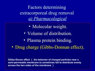 Factors determining
extracorporeal drug removal
a) Pharmacological
• Molecular weight.
• Volume of distribution.
• Plasma protein binding.
• Drug charge (Gibbs-Donnan effect).
Gibbs-Donan effect （ the behavior of charged particles near a
semi-permeable membrane to sometimes fail to distribute evenly
across the two sides of the membrane ）
 
