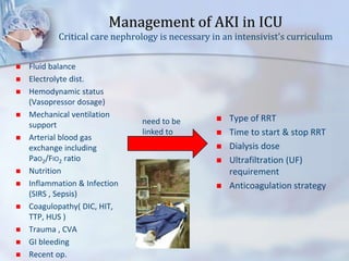 Management of AKI in ICU
Critical care nephrology is necessary in an intensivist's curriculum
 Fluid balance
 Electrolyte dist.
 Hemodynamic status
(Vasopressor dosage)
 Mechanical ventilation
support
 Arterial blood gas
exchange including
PaO2/FIO2 ratio
 Nutrition
 Inflammation & Infection
(SIRS , Sepsis)
 Coagulopathy( DIC, HIT,
TTP, HUS )
 Trauma , CVA
 GI bleeding
 Recent op.
 Type of RRT
 Time to start & stop RRT
 Dialysis dose
 Ultrafiltration (UF)
requirement
 Anticoagulation strategy
need to be
linked to
 