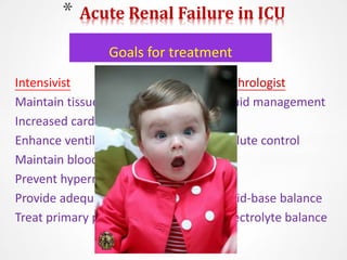 Intensivist Nephrologist
Maintain tissue O2 delivery Fluid management
Increased cardiac output
Enhance ventilation Solute control
Maintain blood pressure
Prevent hypermetabolism
Provide adequate nutrition Acid-base balance
Treat primary process Electrolyte balance
* Acute Renal Failure in ICU
Goals for treatment
 