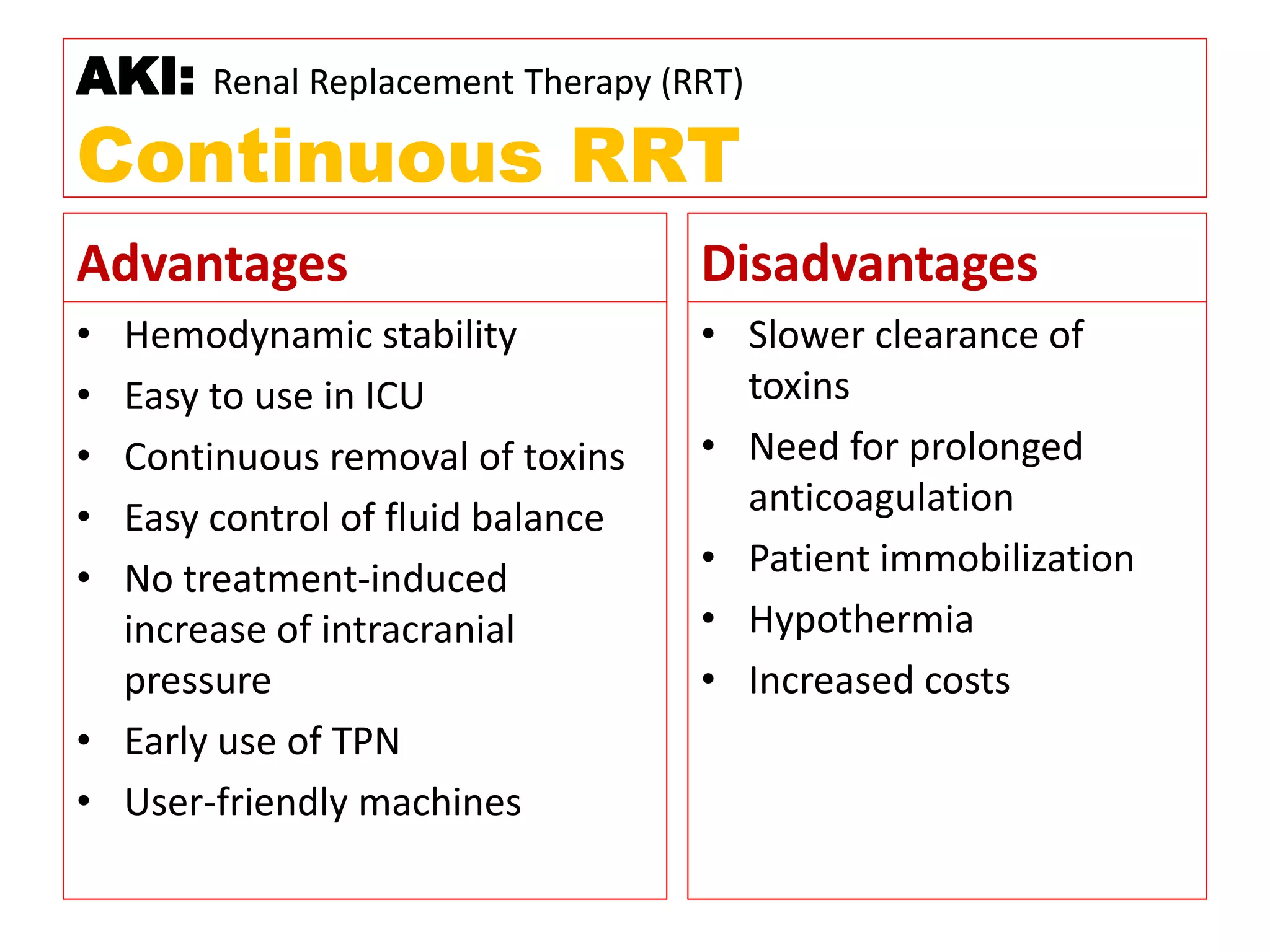 Advantages
• Hemodynamic stability
• Easy to use in ICU
• Continuous removal of toxins
• Easy control of fluid balance
• No treatment-induced
increase of intracranial
pressure
• Early use of TPN
• User-friendly machines
Disadvantages
• Slower clearance of
toxins
• Need for prolonged
anticoagulation
• Patient immobilization
• Hypothermia
• Increased costs
AKI: Renal Replacement Therapy (RRT)
Continuous RRT
 