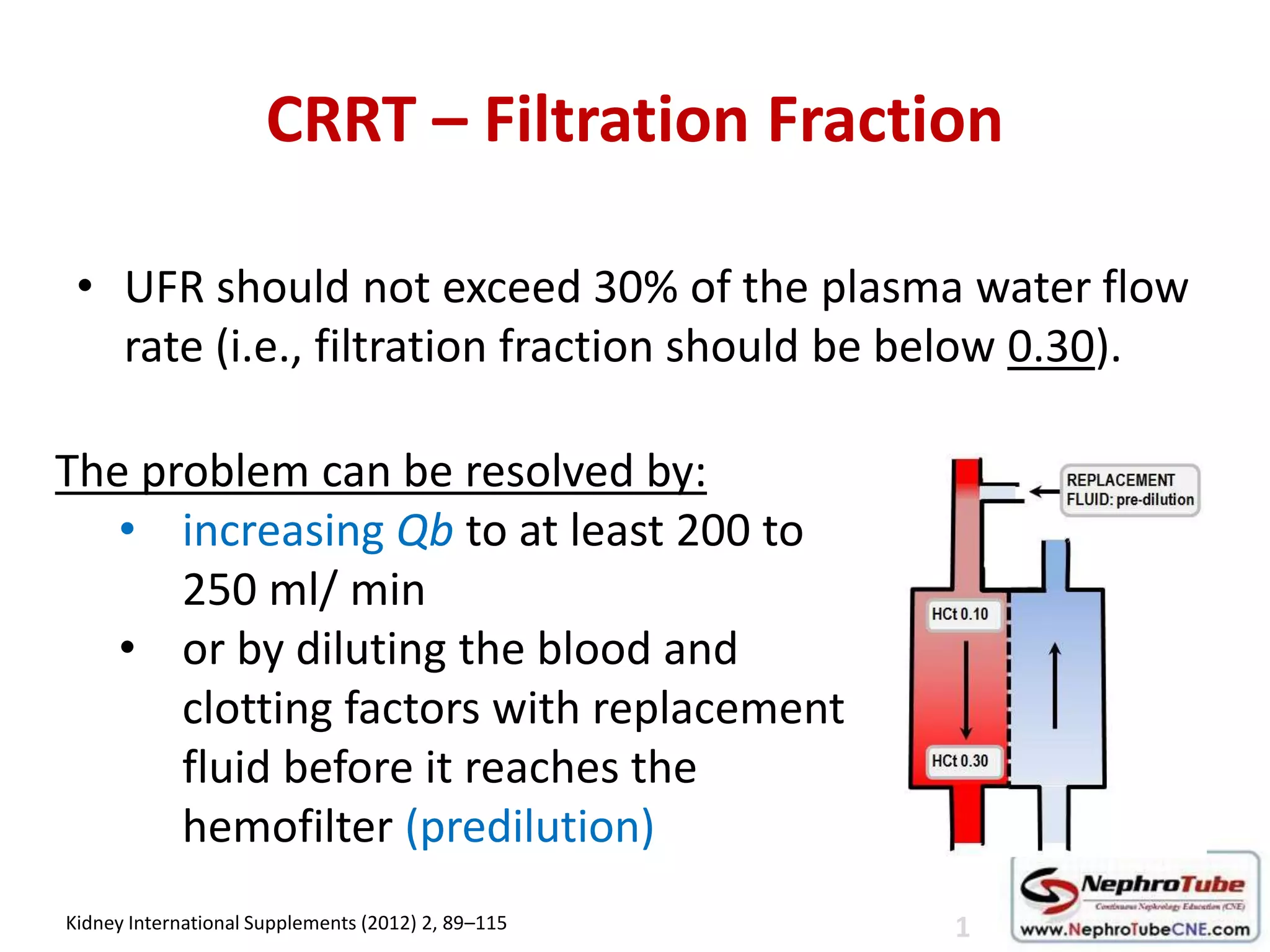 CRRT – Filtration Fraction
• UFR should not exceed 30% of the plasma water flow
rate (i.e., filtration fraction should be below 0.30).
1Kidney International Supplements (2012) 2, 89–115
The problem can be resolved by:
• increasing Qb to at least 200 to
250 ml/ min
• or by diluting the blood and
clotting factors with replacement
fluid before it reaches the
hemofilter (predilution)
 