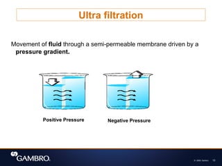 © 2008, Gambro 13
Ultra filtration
Movement of fluid through a semi-permeable membrane driven by a
pressure gradient.
Positive Pressure Negative Pressure
 