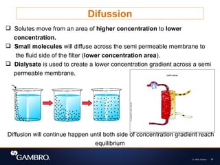 © 2008, Gambro 14
Difussion
 Solutes move from an area of higher concentration to lower
concentration.
 Small molecules will diffuse across the semi permeable membrane to
the fluid side of the filter (lower concentration area).
 Dialysate is used to create a lower concentration gradient across a semi
permeable membrane.
Diffusion will continue happen until both side of concentration gradient reach
equilibrium
 