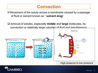 © 2008, Gambro 15
Convection
 Movement of the solute across a membrane caused by a passage
of fluid or solvent known as “ solvent drag”
 removal of solutes, especially middle and large molecules, by
convection or relatively large volumes of fluid and simultaneous
High pressure to low pressure
 