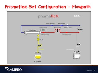 © 2008, Gambro 21
Effluent Anticoagulant
Hemofilter
Syringe pump
Patient
Air detector
Return Clamp
BLD
Blood pump
Access pressure
Filter pressure
Return pressure
SCUF
prismafleX
prismafleX
Prismaflex Set Configuration - Flowpath
Effluent
 