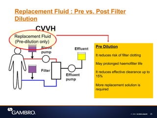 © 2008, Gambro 25
© 2008, Gambro Lundia AB
Replacement Fluid : Pre vs. Post Filter
Dilution
Pre Dilution
It reduces risk of filter clotting
May prolonged haemofilter life
It reduces effective clearance up to
15%
More replacement solution is
required
Replacement Fluid
(Pre-dilution only)
 