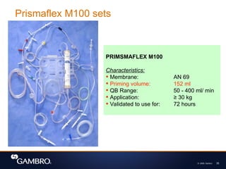 © 2008, Gambro 35
Prismaflex M100 sets
PRIMSMAFLEX M100
Characteristics:
 Membrane: AN 69
 Priming volume: 152 ml
 QB Range: 50 - 400 ml/ min
 Application: ≥ 30 kg
 Validated to use for: 72 hours
 
