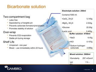 © 2008, Gambro 39
Two-compartment bag
• Latex free
• Separated by a frangible pin
• Prevents carbonate formation/precipitation
• Promotes stability of solution
Over-wrap
• Prevents CO2 evaporation
• Stable pH during storage
Shelf Life
• Unopened - one year
• Mixed – use immediately within 24 hours
Electrolyte solution: 250ml
Contains/1000 ml:
•CaCl2, 2H2O 5,145g
•MgCl2, 6H2O 2.033g
•Glucose 22.00g
•Lactic acid 5.400g
Buffer solution: 4750ml
•NaCl 6.45g
•KCl 0.157g
•Sodium hydrogen
carbonate 3.090g
Mixed solution: 5000ml
•Osmolarity 297 mOsm/l
•pH 7.0 –
8.5
Bicarbonate solution
 
