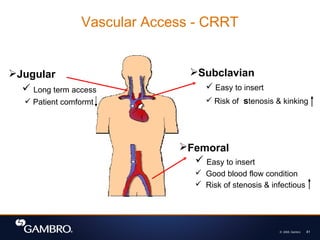© 2008, Gambro 41
Vascular Access - CRRT
Jugular
 Long term access
 Patient comformt
Subclavian
 Easy to insert
 Risk of stenosis & kinking
Femoral
 Easy to insert
 Good blood flow condition
 Risk of stenosis & infectious
 