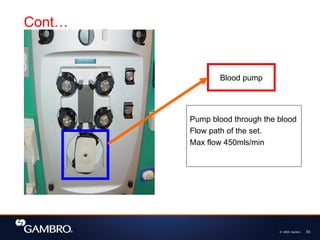 © 2008, Gambro 53
Cont…
Blood pump
Pump blood through the blood
Flow path of the set.
Max flow 450mls/min
 