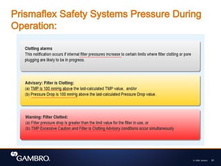 © 2008, Gambro 61
Prismaflex Safety Systems Pressure During
Operation:
 