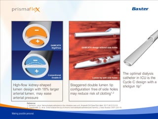 High-flow kidney-shaped
lumen design with 18% larger
arterial lumen, may ease
arterial pressure
Staggered double lumen tip
configuration free of side holes
may reduce risk of clotting1,2
Reference:
1. Huriaux L, et al. Hemodialysiscathetersin the intensive care unit, Anaesth Crit Care Pain Med. 2017;36:313-319.
2. Twardowski ZJ, et al. Side holesat the tip of chronic hemodialysiscathetersare harmful,J Vasc Access. 2001;2:8–16.
The optimal dialysis
catheter in ICU is the
Cycle C design with a
shotgun tip1
 
