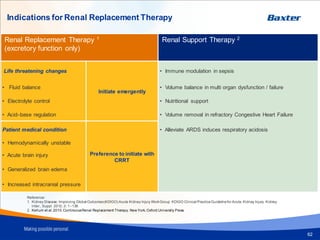 62
Renal Replacement Therapy 1
(excretory function only)
Renal Support Therapy 2
Life threatening changes
Initiate emergently
• Immune modulation in sepsis
• Fluid balance • Volume balance in multi organ dysfunction / failure
• Electrolyte control • Nutritional support
• Acid–base regulation • Volume removal in refractory Congestive Heart Failure
Patient medical condition
Preference to initiate with
CRRT
• Alleviate ARDS induces respiratory acidosis
• Hemodynamically unstable
• Acute brain injury
• Generalized brain edema
• Increased intracranial pressure
Reference:
1. Kidney Disease: Improving Global Outcomes(KDIGO) Acute Kidney Injury WorkGroup. KDIGO Clinical PracticeGuidelinefor Acute Kidney Injury. Kidney
inter., Suppl. 2012; 2: 1–138.
2. Kellum et al. 2010.ContinuousRenal Replacement Therapy. New York, Oxford University Press.
Indications for Renal Replacement Therapy
 