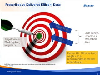 Prescribed vs Delivered Effluent Dose
Target dose =
25ml / kg body
weight / hr
Hence, 25 - 30ml/ kg body
weight / hr is
recommended to prevent
under dialysis
Lead to 20%
reduction in
prescribed
dose
Reference:
1. Kellum et al. Resultsof RENAL—what isthe optimal CRRT target dose? Nature Reviews. Vol.6. Apr
2010: 191-192
72
 