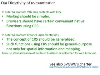 Our Directivity of re-examination
In order to promote SVG map contents with CRS,
• Markup should be simpler.
• Browsers sh...
