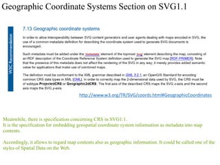 Geographic Coordinate Systems Section on SVG1.1
http://www.w3.org/TR/SVG/coords.html#GeographicCoordinates
Meanwhile, ther...