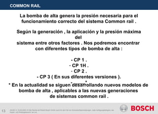 13
COMMON RAIL
AA/SEI 3 | 16.05.2005 | © Alle Rechte bei Robert Bosch GmbH, auch für den Fall von Schutzrechtsanmeldungen. Jede Verfügungsbefugnis, wie
Kopier- und Weitergaberecht, bei uns.
La bomba de alta genera la presión necesaria para el
funcionamiento correcto del sistema Common rail .
Según la generación , la aplicación y la presión máxima
del
sistema entre otros factores . Nos podremos encontrar
con diferentes tipos de bomba de alta :
- CP 1 .
- CP 1H .
- CP 2 .
- CP 3 ( En sus diferentes versiones ).
- .........*
* En la actualidad se siguen desarrollando nuevos modelos de
bomba de alta , aplicables a las nuevas generaciones
de sistemas common rail .
 