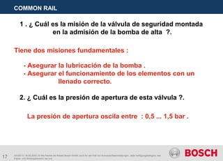 17
COMMON RAIL
AA/SEI 3 | 16.05.2005 | © Alle Rechte bei Robert Bosch GmbH, auch für den Fall von Schutzrechtsanmeldungen. Jede Verfügungsbefugnis, wie
Kopier- und Weitergaberecht, bei uns.
1 . ¿ Cuál es la misión de la válvula de seguridad montada
en la admisión de la bomba de alta ?.
Tiene dos misiones fundamentales :
- Asegurar la lubricación de la bomba .
- Asegurar el funcionamiento de los elementos con un
llenado correcto.
2. ¿ Cuál es la presión de apertura de esta válvula ?.
La presión de apertura oscila entre : 0,5 ... 1,5 bar .
 