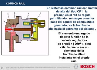 21
COMMON RAIL
AA/SEI 3 | 16.05.2005 | © Alle Rechte bei Robert Bosch GmbH, auch für den Fall von Schutzrechtsanmeldungen. Jede Verfügungsbefugnis, wie
Kopier- und Weitergaberecht, bei uns.
En sistemas common rail con bomba
de alta del tipo CP1 , la
presión en el rail se regula
permitiendo , un mayor o menor
paso del caudal de combustible
generado por la bomba de
alta hacia el sobrante del sistema .
El elemento encargado
de esta función es la
válvula reguladora
de presión ( DRV ) , esta
válvula puede ser un
elemento de la
bomba de alta o
instalarse en el propio
rail .
 