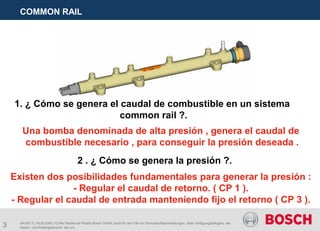 3
COMMON RAIL
AA/SEI 3 | 16.05.2005 | © Alle Rechte bei Robert Bosch GmbH, auch für den Fall von Schutzrechtsanmeldungen. Jede Verfügungsbefugnis, wie
Kopier- und Weitergaberecht, bei uns.
1. ¿ Cómo se genera el caudal de combustible en un sistema
common rail ?.
Una bomba denominada de alta presión , genera el caudal de
combustible necesario , para conseguir la presión deseada .
2 . ¿ Cómo se genera la presión ?.
Existen dos posibilidades fundamentales para generar la presión :
- Regular el caudal de retorno. ( CP 1 ).
- Regular el caudal de entrada manteniendo fijo el retorno ( CP 3 ).
 
