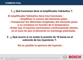 55
COMMON RAIL
AA/SEI 3 | 16.05.2005 | © Alle Rechte bei Robert Bosch GmbH, auch für den Fall von Schutzrechtsanmeldungen. Jede Verfügungsbefugnis, wie
Kopier- und Weitergaberecht, bei uns.
1. ¿ Qué funciones tiene el amplificador hidráulico ?.
El amplificador hidráulico tiene tres funciones :
- Amplificar la carrera del elemento piezo .
- Compensar las diferentes longitudes del elemento piezo
y su armadura en función de la temperatura .
- Evitar que el inyector permanezca continuamente abierto,
en el caso de que el elemento se mantenga polarizado.
2 . ¿ Qué ocurre si no existe la presión de 10 bares en el
sobrante de los inyectores ?.
No es posible la apertura del inyector .
 