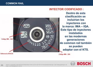 66
COMMON RAIL
AA/SEI 3 | 16.05.2005 | © Alle Rechte bei Robert Bosch GmbH, auch für den Fall von Schutzrechtsanmeldungen. Jede Verfügungsbefugnis, wie
Kopier- und Weitergaberecht, bei uns.
INYECTOR CODIFICADO :
Dentro de esta
clasificación se
incluirían los
inyectores con
la marca: IMA – IQA.
Este tipo de inyectores
instalados
en las modernas
generaciones
de common rail también
se pueden
adaptar con el KTS.
 