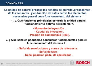 70
COMMON RAIL
AA/SEI 3 | 16.05.2005 | © Alle Rechte bei Robert Bosch GmbH, auch für den Fall von Schutzrechtsanmeldungen. Jede Verfügungsbefugnis, wie
Kopier- und Weitergaberecht, bei uns.
1 . ¿ Qué funciones principales controla la unidad para el
funcionamiento optimo del sistema ?.
- Momento de inyección .
- Caudal de inyección .
- Presión de combustible ( rail ).
La unidad de control procesa las señales de entrada ,procedentes
de los sensores , y en función de estas activa los elementos
necesarios para el buen funcionamiento del sistema .
2. ¿ Qué señales podríamos considerar fundamentales para el
funcionamiento del sistema ?.
- Señal de revoluciones y marca de referencia .
- Señal de fase .
- Señal posición pedal de acelerador .
 