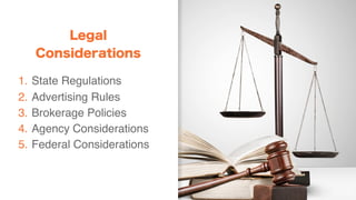 Legal
Considerations
14
1. State Regulations
2. Advertising Rules
3. Brokerage Policies
4. Agency Considerations
5. Federal Considerations
 