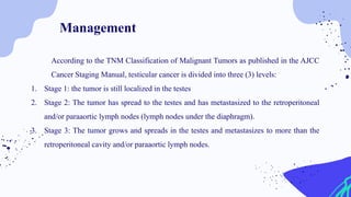 According to the TNM Classification of Malignant Tumors as published in the AJCC
Cancer Staging Manual, testicular cancer is divided into three (3) levels:
1. Stage 1: the tumor is still localized in the testes
2. Stage 2: The tumor has spread to the testes and has metastasized to the retroperitoneal
and/or paraaortic lymph nodes (lymph nodes under the diaphragm).
3. Stage 3: The tumor grows and spreads in the testes and metastasizes to more than the
retroperitoneal cavity and/or paraaortic lymph nodes.
Management
 