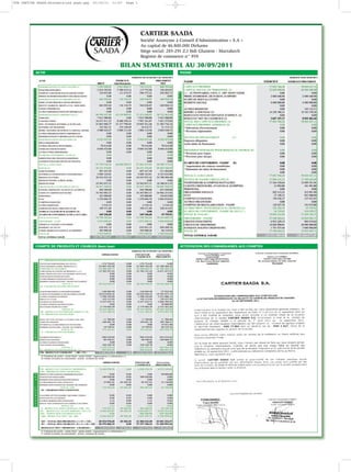 PUB CARTIER SAADA:Economie/une page.qxp   21/12/11   11:07   Page 1




                                                                       CARTIER SAADA
                                                                       Société Anonyme à Conseil d’Administration « S.A »
                                                                       Au capital de 46.800.000 Dirhams
                                                                       Siège social: 285-291 Z.I Sidi Ghanem - Marrakech
                                                                       Registre de commerce n° 959

                                                         BILAN SEMESTRIEL AU 30/09/2011
           ACTIF                                                                                       PASSIF
                                                                EXERCICE DU 01/04/2011 AU 30/09/2011                                              EXERCICE CLOS 30/09/2011




           COMPTE DE PRODUITS ET CHARGES (hors taxe)                                                   ATTESTATION DES COMMISSAIRES AUX COMPTES
                                                                EXERCICE DU 01/04/2011 AU 30/09/2011
 