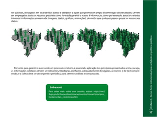 Unidade
I
–
Censo:
fonte
indispensável
para
estabelecer
políticas
públicas
17
ser públicos, divulgados em local de fácil acesso e obedecer a ações que promovam ampla disseminação dos resultados. Devem
ser empregados todos os recursos possíveis como forma de garantir o acesso à informação, como por exemplo, associar variados
insumos à informação apresentada (imagens, textos, gráficos, animações), de modo que qualquer pessoa possa ter acesso aos
dados.
Portanto, para garantir o sucesso de um processo censitário, é essencial a aplicação dos princípios apresentados acima, ou seja,
as informações coletadas devem ser relevantes, fidedignas, confiáveis, adequadamente divulgadas, acessíveis e de fácil compre-
ensão, e a coleta deve ser abrangente e periódica, para permitir análises e comparações.
Saiba mais!
Para saber mais sobre esse assunto, acesse: https://ww2.
ibge.gov.br/home/disseminacao/eventos/missao/principios_
fundamentais_estatisticas.shtm
 
