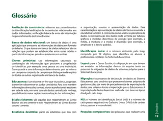 Glossário
19
Glossário
Avaliação de consistência: refere-se aos procedimentos
de identificação/verificação de incoerências relacionados aos
dados informados; verificação básica de erros de informação
no preenchimento do Censo Escolar.
Banco de dados relacional: um banco de dados é uma
aplicação que armazena as informações de dados em formato
de tabelas. O que torna um banco de dados relacional são as
relações que podem ser estabelecidas entre essas tabelas a
partir de informaçoes primárias existentes em ambas.
Chaves primárias: são informações cadastrais ou
combinação de informações que possuem a propriedade
de identificar, por exemplo, uma pessoa ou uma instituição.
Corresponde a uma informação determinante, pois se refere a
um campo ou conjunto de campos que distingue cada registro
de todos os outros registros de um banco de dados.
Educacenso: é um sistema on-line que visa coletar, organizar,
transmitir e disseminar os dados censitários. Para isso, mantém
informaçõesdeescolas,turmas,alunoseprofissionaisescolares
em sala de aula, em uma base de dados centralizada no Inep,
possibilitando maior rapidez na atualização das informações.
Escolas faltantes: são aquelas que responderam ao Censo
Escolar do ano anterior e não responderam ao Censo Escolar
do ano corrente.
Estatística descritiva: parte da estatística que lida com
a organização, resumo e apresentação de dados. Essa
caracterização e apresentação de dados de forma resumida e
elucidativa também é conhecida como análise exploratória de
dados. A representação dos dados pode ser feita por tabelas,
gráficos e medidas descritivas de posição (por exemplo, a
média, a mediana e a moda) e dispersão (por exemplo, a
amplitude e o desvio padrão).
Identificação única: é o número atribuído pelo Inep,
composto por 12 dígitos, que identifica os alunos e
profissionais escolares no Sistema Educacenso.
Layout: para o Censo Escolar, é a disposição em que devem
ser enviadas as informações dentro do arquivo texto no
processo de migração de dados de sistemas próprios para o
Sistema Educacenso.
Migração: é o processo de declaração de dados ao Sistema
Educacenso para usuários que possuem sistemas próprios de
gestão escolar, por meio de procedimentos de exportação de
dados para sistemas locais e importação para o Educacenso. A
importação de dados deverá ser realizada com base no layout
divulgado pelo Inep.
NIS: o Número de Identificação Social (NIS) é o número de
cada pessoa registrada no Cadastro Único. O NIS é de caráter
único, pessoal e intransferível.
Pesquisas comparativas: são pesquisas que realizam uma
 