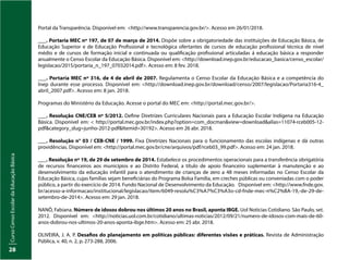 Curso
Censo
Escolar
da
Educação
Básica
28
Portal da Transparência. Disponível em: <http://www.transparencia.gov.br/>. Acesso em 26/01/2018.
___. Portaria MEC nº 197, de 07 de março de 2014. Dispõe sobre a obrigatoriedade das instituições de Educação Básica, de
Educação Superior e de Educação Profissional e tecnológica ofertantes de cursos de educação profissional técnica de nível
médio e de cursos de formação inicial e continuada ou qualificação profissional articuladas á educação básica a responder
anualmente o Censo Escolar da Educação Básica. Disponível em: <http://download.inep.gov.br/educacao_basica/censo_escolar/
legislacao/2015/portaria_n_197_07032014.pdf>. Acesso em: 8 fev. 2018.
___. Portaria MEC nº 316, de 4 de abril de 2007. Regulamenta o Censo Escolar da Educação Básica e a competência do
Inep durante esse processo. Disponível em: <http://download.inep.gov.br/download/censo/2007/legislacao/Portaria316-4_
abril_2007.pdf>. Acesso em: 8 jan. 2018.
Programas do Ministério da Educação. Acesse o portal do MEC em: <http://portal.mec.gov.br/>.
___. Resolução CNE/CEB nº 5/2012. Define Diretrizes Curriculares Nacionais para a Educação Escolar Indígena na Educação
Básica. Disponível em: < http://portal.mec.gov.br/index.php?option=com_docman&view=download&alias=11074-rceb005-12-
pdf&category_slug=junho-2012-pdf&Itemid=30192>. Acesso em 26 abr. 2018.
___. Resolução n° 03 / CEB-CNE / 1999. Fixa Diretrizes Nacionais para o funcionamento das escolas indígenas e dá outras
providências. Disponível em: <http://portal.mec.gov.br/cne/arquivos/pdf/rceb03_99.pdf>. Acesso em: 24 jan. 2018.
___. Resolução nº 19, de 29 de setembro de 2014. Estabelece os procedimentos operacionais para a transferência obrigatória
de recursos financeiros aos municípios e ao Distrito Federal, a título de apoio financeiro suplementar à manutenção e ao
desenvolvimento da educação infantil para o atendimento de crianças de zero a 48 meses informadas no Censo Escolar da
Educação Básica, cujas famílias sejam beneficiárias do Programa Bolsa Família, em creches públicas ou conveniadas com o poder
público, a partir do exercício de 2014. Fundo Nacional de Desenvolvimento da Educação. Disponível em: <http://www.fnde.gov.
br/acesso-a-informacao/institucional/legislacao/item/6049-resolu%C3%A7%C3%A3o-cd-fnde-mec-n%C2%BA-19,-de-29-de-
setembro-de-2014>. Acesso em: 29 jan. 2018.
NANÔ, Fabiana. Número de idosos dobrou nos últimos 20 anos no Brasil, aponta IBGE. Uol Notícias Cotidiano. São Paulo, set.
2012. Disponível em: <http://noticias.uol.com.br/cotidiano/ultimas-noticias/2012/09/21/numero-de-idosos-com-mais-de-60-
anos-dobrou-nos-ultimos-20-anos-aponta-ibge.htm>. Acesso em: 25 abr. 2018.
OLIVEIRA, J. A. P. Desafios do planejamento em políticas públicas: diferentes visões e práticas. Revista de Administração
Pública, v. 40, n. 2, p. 273-288, 2006.
 