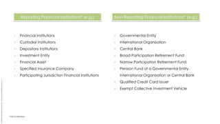  Financial Institutions
 Custodial Institutions
 Depository Institutions
 Investment Entity
 Financial Asset
 Specified Insurance Company
 Participating Jurisdiction Financial Institutions
 Governmental Entity
 International Organisation
 Central Bank
 Broad Participation Retirement Fund
 Narrow Participation Retirement Fund
 Pension Fund of a Governmental Entity,
International Organisation or Central Bank
 Qualified Credit Card Issuer
 Exempt Collective Investment Vehicle
*OECD Definition
Reporting Financial Institutions* (e.g.) Non-Reporting Financial Institutions* (e.g.)
©RPSRecoveryPortfolioServicesLtd.–www.recovery-portfolio-services.co.uk
 