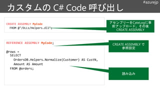 #azurejp
REFERENCE ASSEMBLY MyCode;
@rows =
SELECT
OrdersDB.Helpers.Normalize(Customer) AS CustN,
Amount AS Amount
FROM @orders;
CREATE ASSEMBLY MyCode
FROM @"/DLLs/Helpers.dll";
CREATE ASSEMBLY で
参照設定
アセンブリーをCateLogに事
前アップロード。その後
CREATE ASSEMBLY
読み込み
 
