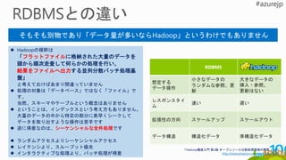 そもそも別物であり「データ量が多いならHadoop」というわけでもありません
 Hadoopの根幹は
「フラットファイルに格納された大量のデータを
頭から順次走査して何らかの処理を行い、
結果をファイルへ出力する並列分散バッチ処理基
盤」
と考えておけばあまり間違っていません
 処理の対象は「データベース」ではなく「ファイル」で
す。
当然、スキーマやテーブルという概念はありません
 ということは、インデックスという考え方もありません。
大量のデータの中から特定の部分に素早くシークして
データを取り出すような操作は苦手です
 逆に得意なのは、シーケンシャルな全件処理です
 ランダムアクセスよりシーケンシャルアクセス
 レイテンシより、スループット優先
 インタラクティブな処理より、バッチ処理が得意
RDBMS
想定する
データ操作
小さなデータの
ランダムな参照、更
新
大きなデータの
挿入・参照。
更新はない
レスポンスタイ
ム
速い 遅い
拡張性の方向 スケールアップ スケールアウト
データ構造 構造化データ 準構造化データ
「Hadoop徹底入門 第2版 オープンソース分散処理環境の構築 」より
http://www.amazon.co.jp/dp/479812964X
 