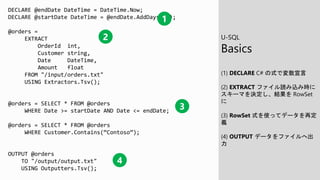 DECLARE @endDate DateTime = DateTime.Now;
DECLARE @startDate DateTime = @endDate.AddDays(-7);
@orders =
EXTRACT
OrderId int,
Customer string,
Date DateTime,
Amount float
FROM "/input/orders.txt"
USING Extractors.Tsv();
@orders = SELECT * FROM @orders
WHERE Date >= startDate AND Date <= endDate;
@orders = SELECT * FROM @orders
WHERE Customer.Contains(“Contoso”);
OUTPUT @orders
TO "/output/output.txt"
USING Outputters.Tsv();
U-SQL
Basics
(1) DECLARE C# の式で変数宣言
(2) EXTRACT ファイル読み込み時に
スキーマを決定し、結果を RowSet
に
(3) RowSet 式を使ってデータを再定
義
(4) OUTPUT データをファイルへ出
力
1
2
3
4
 