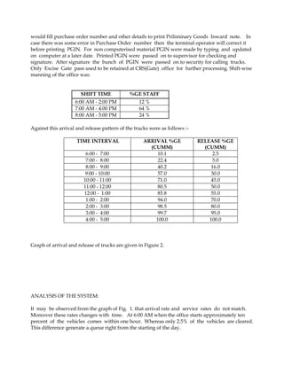 would fill purchase order number and other details to print Priliminary Goods Inward note. In
case there was some error in Purchase Order number then the terminal operator will correct it
before printing PGIN. For non computerised material PGIN were made by typing and updated
on computer at a later date. Printed PGIN were passed on to supervisor for checking and
signature. After signature the bunch of PGIN were passed on to security for calling trucks.
Only Excise Gate pass used to be retained at CRS(Gate) office for further processing. Shift-wise
manning of the office was:


                       SHIFT TIME            %GE STAFF
                    6:00 AM - 2:00 PM             12 %
                    7:00 AM - 4:00 PM             64 %
                    8:00 AM - 5:00 PM             24 %

Against this arrival and release pattern of the trucks were as follows :-

                     TIME INTERVAL                  ARRIVAL %GE             RELEASE %GE
                                                      (CUMM)                  (CUMM)
                         6:00 - 7:00                    10.1                     2.5
                         7:00 - 8:00                    22.4                     5.0
                         8:00 - 9:00                    40.2                    16.0
                         9:00 - 10:00                   57.0                    30.0
                        10:00 - 11:00                   71.0                    45.0
                        11:00 - 12:00                   80.5                    50.0
                        12:00 - 1:00                    85.8                    55.0
                         1:00 - 2:00                    94.0                    70.0
                         2:00 - 3:00                    98.5                    80.0
                         3:00 - 4:00                    99.7                    95.0
                         4:00 - 5:00                    100.0                   100.0




Graph of arrival and release of trucks are given in Figure 2.




ANALYSIS OF THE SYSTEM:

It may be observed from the graph of Fig. 1. that arrival rate and service rates do not match.
Moreover these rates changes with time. At 6:00 AM when the office starts approximately ten
percent of the vehicles comes within one hour. Whereas only 2.5% of the vehicles are cleared.
This difference generate a queue right from the starting of the day.
 