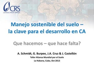 Manejo sostenible del suelo –
la clave para el desarrollo en CA
Que hacemos – que hace falta?
A. Schmidt, G. Burpee, J.A. Cruz & J. Castellón
Taller Alianza Mundial por el Suelo
La Habana, Cuba, Oct 2013
 
