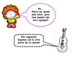 Ah….
Ahora me queda
más claro, pero
¿me puedes dar
otro ejemplo?
¡Por supuesto!
Sigamos con la otra
parte de la canción
 