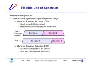 E3            Flexible Use of Spectrum

Flexible use of spectrum
   Spectrum management for optimal spectrum usage
     ⇒ Dynamic Spectrum Allocation (DSA):
        • Spectrum control in the network
        • Medium/long term radio resource optimisation

     Day 1:
   (Spectrum            Operator A                     Operator B
    auction)

     Day X:                  Operator A                        Operator B

    ⇒ Dynamic Spectrum Selection (DSS):
        • Spectrum control entity in the terminal
        • short term radio resource optimisation




              May 11, 2009       Cognitive Radio: Industry Perspective      Slide 5
 