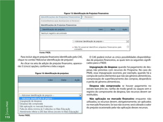 115
CursoPNAE
Para incluir algum prejuízo financeiro identificado pelo CAE,
clique no combo“Adicionar identificação de prejuízo”.
Ao clicar na seta de adição de prejuízo financeiro, aparece-
rão 5 (cinco) opções, conforme a tela a seguir.
O CAE poderá incluir as cinco possibilidades disponibiliza-
das de prejuízos financeiros, as quais tem os seguintes signifi-
cados para o FNDE:
Impugnação de despesa: quando há pagamento de des-
pesas não previstas com recursos do Programa. No caso do
PNAE, essa impugnação ocorrerá, por exemplo, quando há a
compradeoutroselementosquenãosãogênerosalimentícios,
comprovação de superfaturamento das compras, desperdício
e perda de gêneros alimentícios.
Despesa não comprovada: se houver pagamento no
extrato bancário (ex.: tarifas de modo geral) ou saques sem o
registro do comprovante de despesa, tais recursos devem ser
restituídos.
Não aplicação no mercado financeiro: enquanto não
utilizados, os recursos devem, obrigatoriamente, ser aplicados
nomercadofinanceiro.Seissonãoocorrer,serácobradoovalor
do prejuízo ocasionado pela não aplicação desses recursos.
Figura 14: Identificação de prejuízos
Fonte: FNDE.
Figura 13: Identificação de Prejuízos Financeiros
Fonte: FNDE.
 